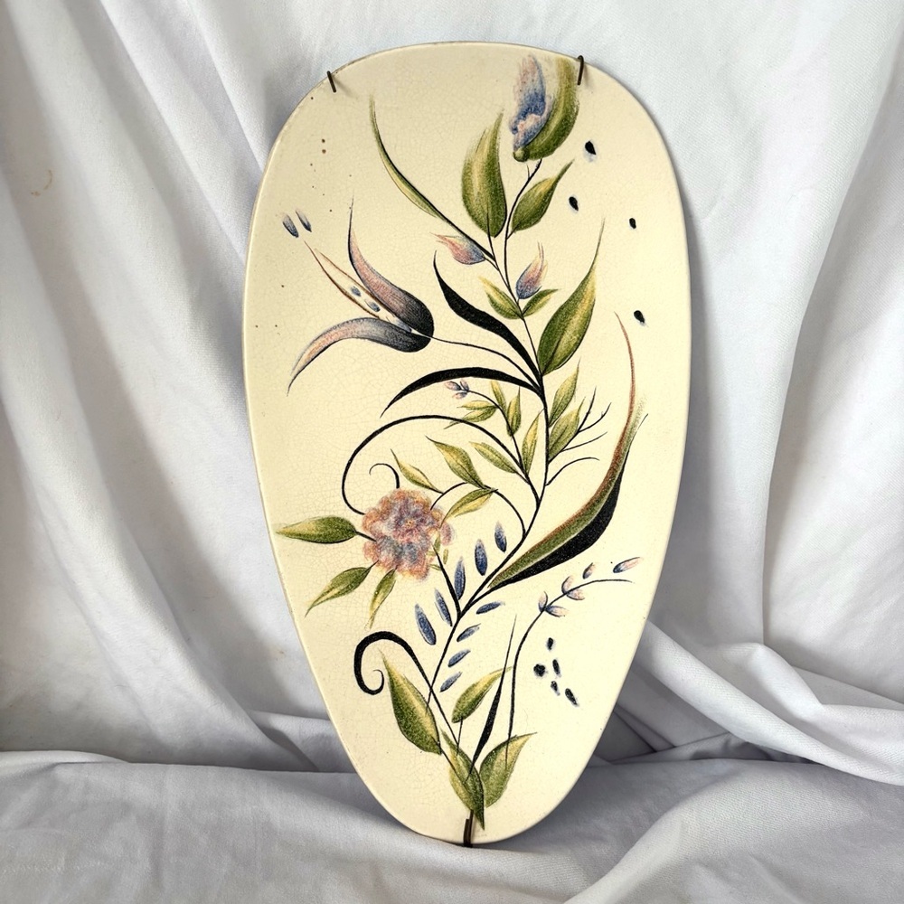 Vintage 60s ceramic hand painted floral home decor plaque art wall hanging boho
